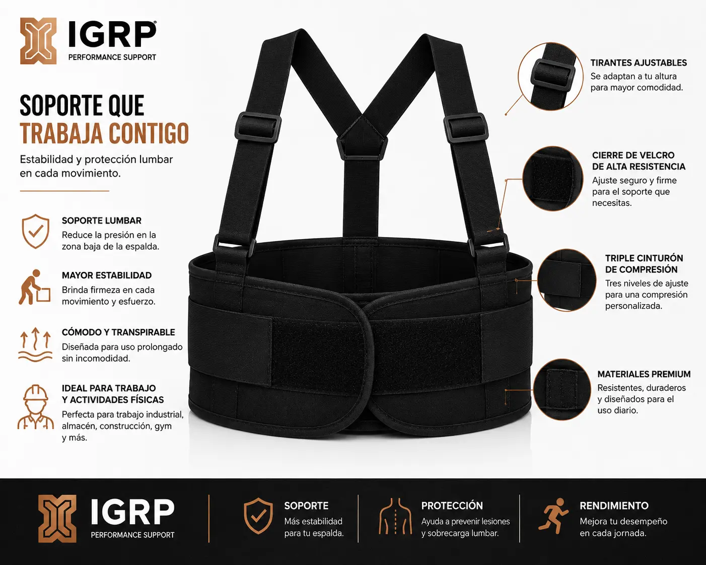 Faja Deportiva IGRP — Vista trasera, sistema de velcro doble zona