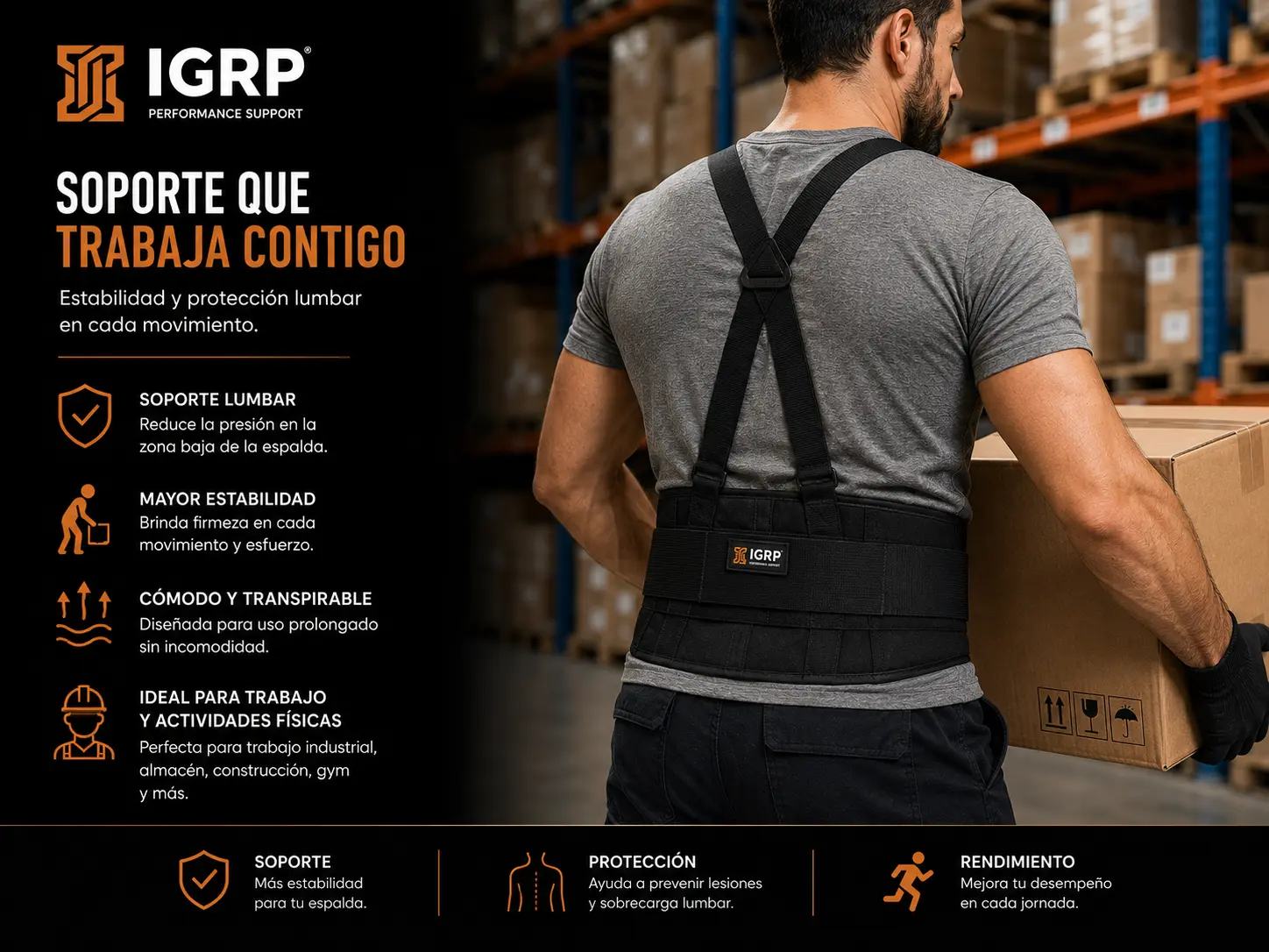 Faja Deportiva IGRP — Vista lateral, perfil y grosor del neopreno reforzado